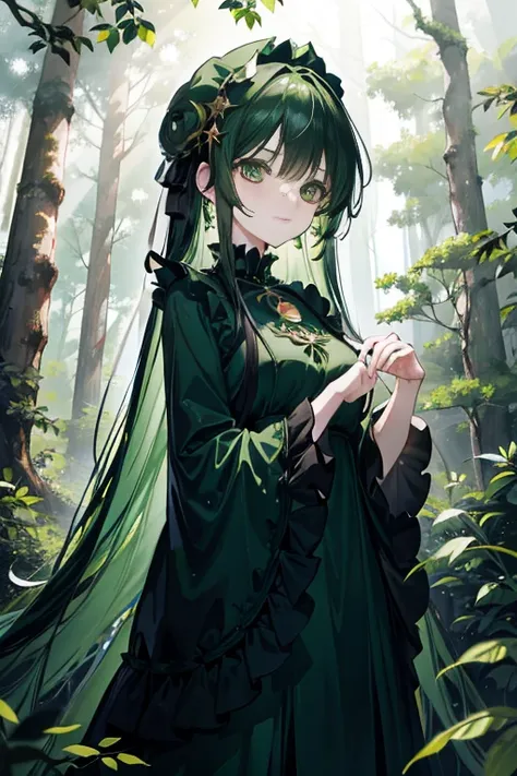 anime girl, close-up shot, long very dark green hair, green emerald pendant, beautiful outfit, standing in a dense forest with a beautiful black long sleeved dress, dark environment, lhands by her side, black hair accessories on her head, beautiful green e...