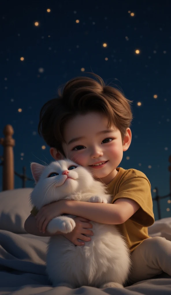  top quality, high definition ,cute,cat, exotic shorthair hugged by a boy, starry sky 