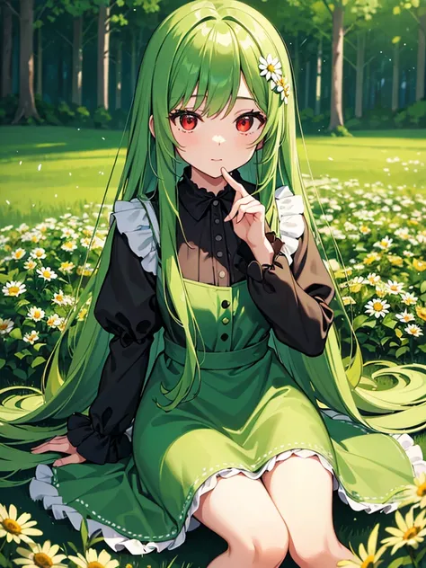 (masterpiece, best quality),1girl with long green hair sitting in a field of green plants and flowers, her hand under,looking to viewer, warm lighting, red eyes, white and black dress, using daisy hairclip, forest foreground, close up, high quality hands