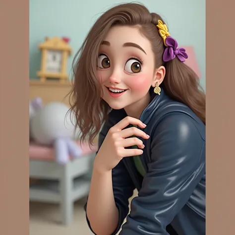 Girl in 3D cartoon realistic style,big head,body short, wearing a shiny yellow jacket with a green camo top, jeans shorts, purple hair tied in a ponytail with a yellow ribbon, big eyes and a big smile, plain pink background. Girls pose: hands on hips, legs...