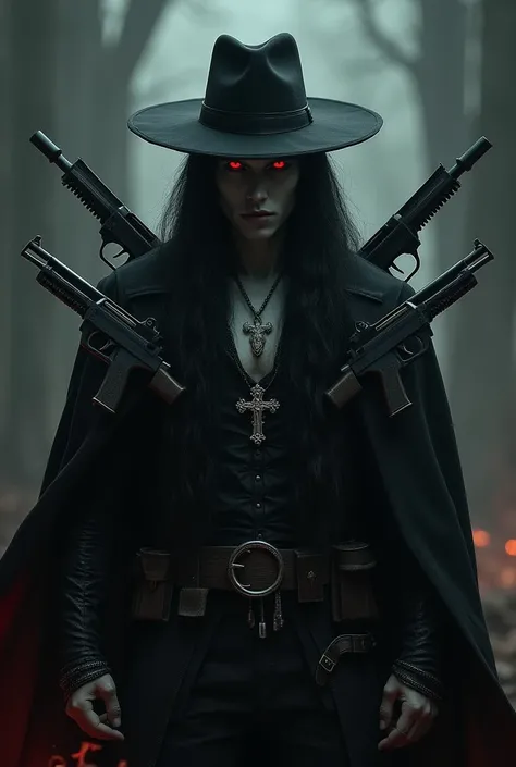 Male vampire with red eyes, with a hat,  long black hair , a religious cross pendant on her chest, wearing hunter clothing ,  with 4 arms and a magnum gun in each hand