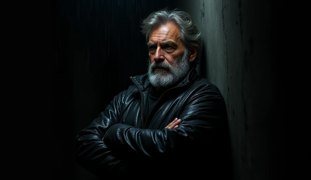  The man is casually leaning against an invisible wall on the black background ,  with arms crossed and a slightly bent leg . His expression is serious, but calm down,  with eyes that seem to analyze something in the distance . The light illuminates one si...