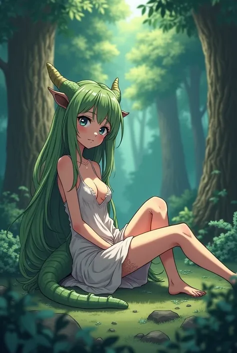 An anime style cute shy nervous human dragon hybrid the age of 19 laying down as if hurt with battered revealing clothes in a forest