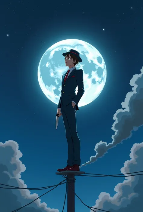 Make me a picture of a guy wearing a hat pake a pantsuit standing on a pole holding his hat but his hat is worn at night in the full moon his person is facing the moon his person is holding a knife but his picture is anime style