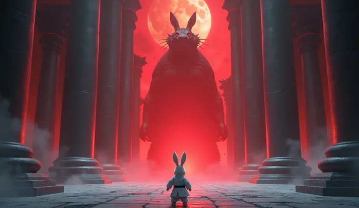 (130)  with the wind ,  3D Pixar style ,  showing that the rabbit returned to the village after defeating the Red Dragon : A magnificent black dragon palace built of huge stone pillars，The surroundings are filled with red light，The space is vast and cold。
...