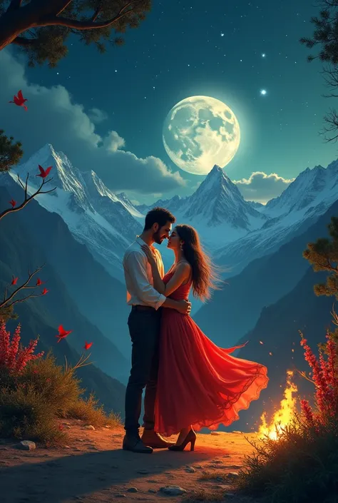 Des Montagnn or rock my heart My heart Male and female couples dancing around a fire, the starry full moon, green, white, red birds and the Algerian flag, green white, red, and the Algerian flag, green, white, red, and the Algerian flag, green, white, and ...