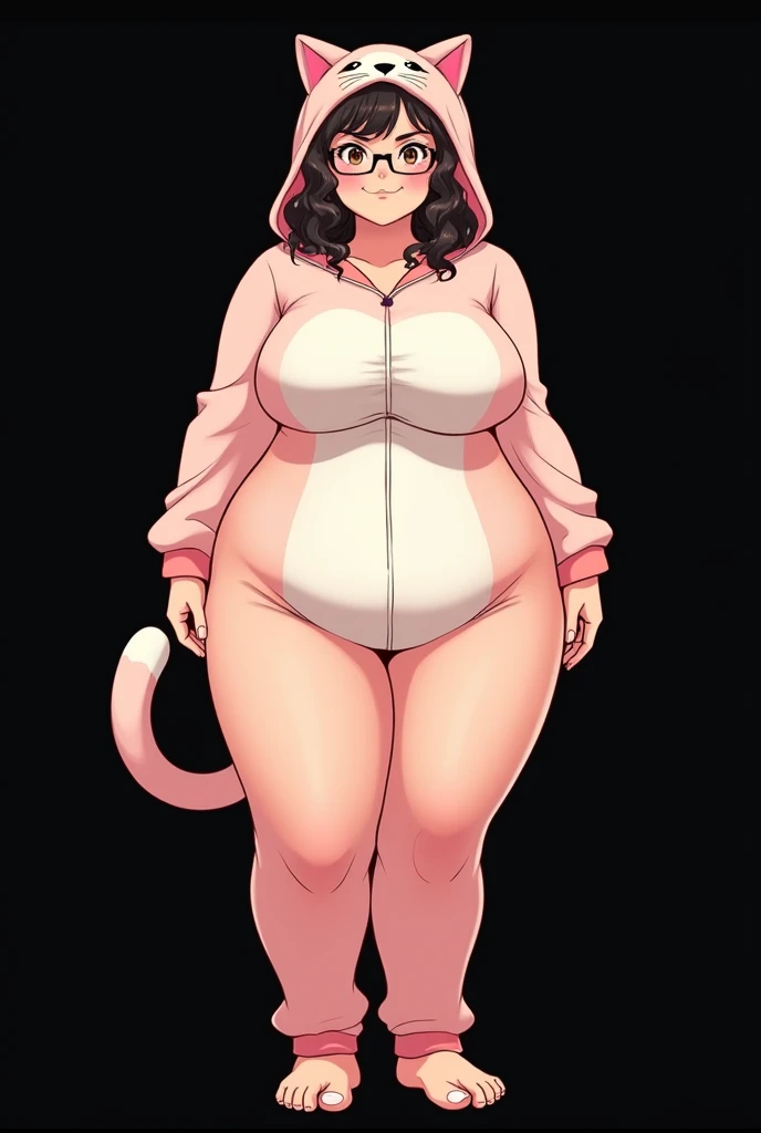  Draw a woman with a ,70,  and the color black. Kitten pajamas that cover her entire body,  thin waist and a lot of breasts, thigh,  ass and wearing glasses and her hair is medium and curly,  Make it anime style, Is she thin 