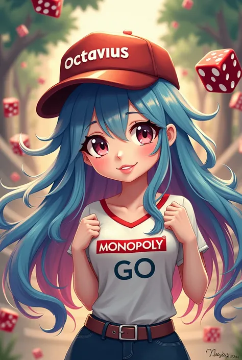 female cartoon,long hair, OCTAVIUS  named on Hat,shirt got  monopoly go ,background got monopoly theme