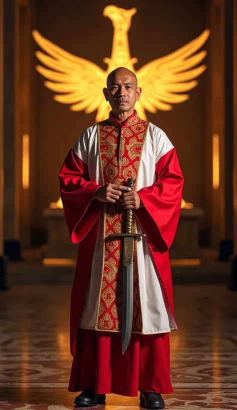 A charismatic Indonesian man exuding undeniable authority and charm. He has short, balding hair that has just grown out and a tan skin that exudes the warmth of Indonesia. The man wore a magnificent Gatot Kaca costume, matched with the red and white colour...