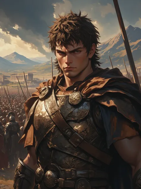 brown eyes, brown hair, male warrior, standing in front of a roman army, wearing a commander roman empire armour, stormy sky, mountain and ancient roman pantheon