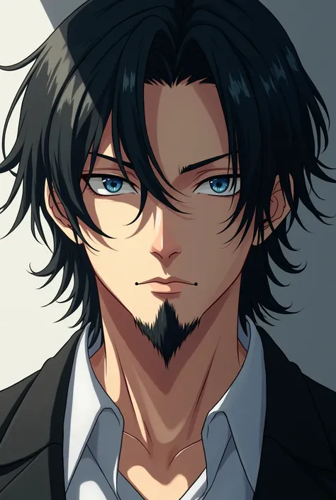 man,ทรงผมmiddle part,Black hair, blue eyes ,Black Beard,So cool!,Straight View , face, smooth, indifferent , Japanese Anime,Jaw January