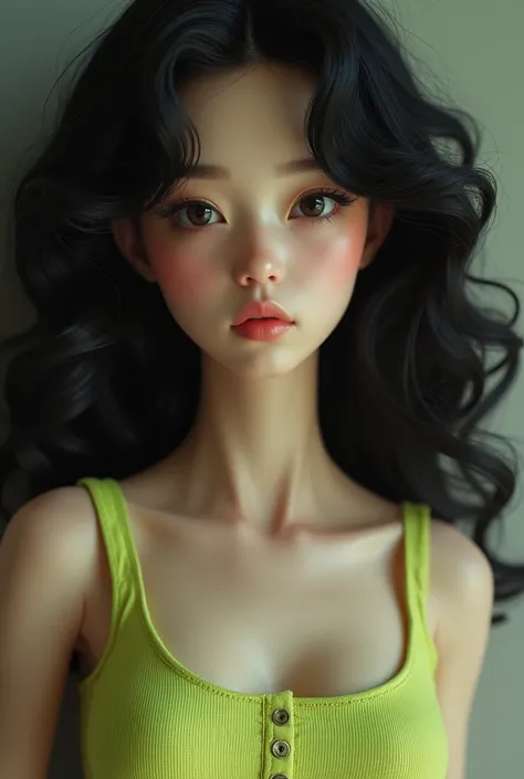  Hyperrealistic art beautiful girl , kind, skinny,   muscular,  asian,  doll face, old, Small medium breast , pale skin, , far_Body hair,  Lime green fitted short baby doll, Black Body hair curto .  Extremely high resolution details , Photographic,  realis...