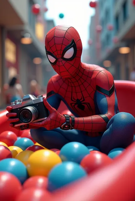 Spider-Man holding the camera ,  in a ball pool with a chocolate in his hand. 