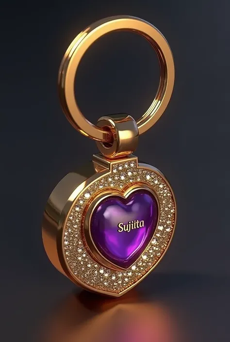 A 3D render of a luxurious gold glass keychain. On one side, it displays the iconic Tik tokC logo. On the other side, there is a vivid purple heart. The keychain is engraved with the name "Sujita" in the Brillos typography, adding a personalized touch. The...