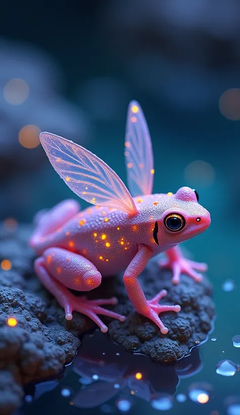 hyperrealistic amphibian-star-coral oil painting
A small amphibian that mixes frog and fish characteristics,  with luminous skin similar to bioluminescent corals . It has spots that glow yellow and pink ,  with side fins that look like fairy wings .  The e...