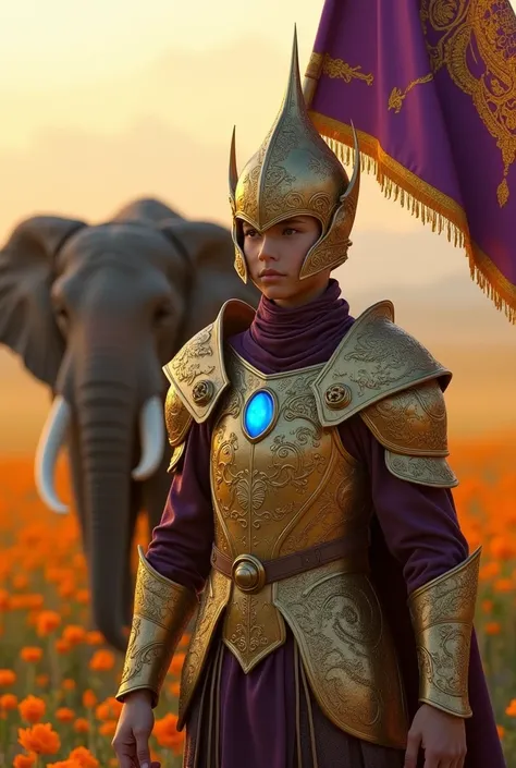 "Create a highly detailed scene of a young  dressed as a warrior standing confidently in a golden field during sunrise. The  wears intricately designed golden armor with ornate patterns and a glowing blue gemstone embedded in the center of the chest. The w...