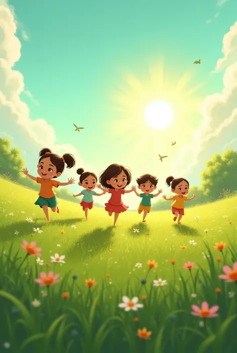 A small girl named Maya walking happily with her friends through a green field on a sunny day. The friends are laughing and playing together.