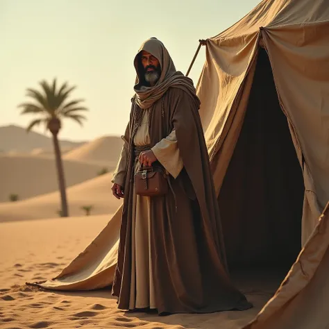 cinematic film, scribe in robes standing beside desert tent, with leather bag and rolled scroll in hand 1000BC hills, desert, palm trees.