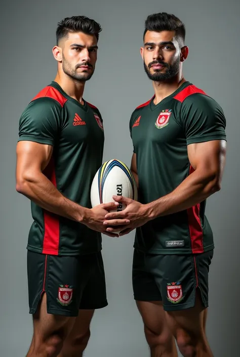 Two Handsome Afghanistan Guys, Athlete, Rugby Player, Photoshoot, at grey studio background, holding a rugby ball, ultra hd, detailed face, detailed skin, detailed hair, highly detailed, wearing afghanistan official jersey, Standing Full Body