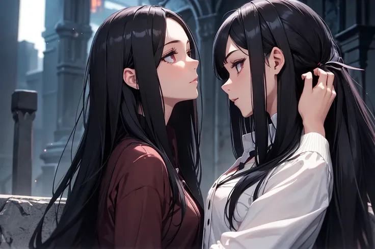 Girl with long black hair looking at a dark vampire night school in profile