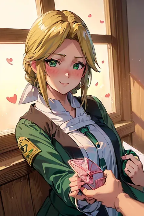 8k(She blushes and shyly hands over the love letter.:1.５)8k(( smiling face ,What we are looking for,Face mischievous face, cinematic pictures ,Green Eyes))8k((((( high school girl, high school girl)))8k(( anime style,Green Eyes,左The depiction of the eyes i...