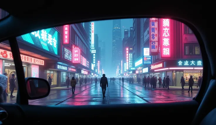 cyberpunk, view from car side window of futuristic city street with neon signs, holographic ads, futuristic buildings, people and robots walking on the street, (best quality,4k,8k,highres,masterpiece:1.2),ultra-detailed,(realistic,photorealistic,photo-real...