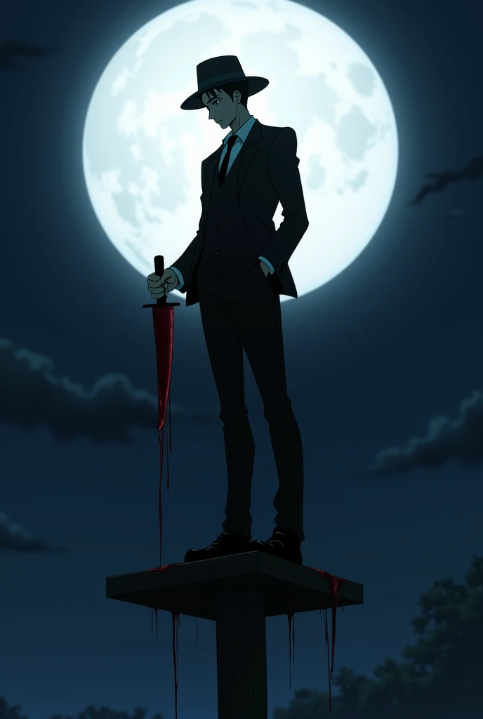 In the dark midnight ,  under the bright full moon ,  a man stands on a pole .  He wore a black suit elegant and matching trousers .  His black fedora hat is slightly askew ,  and he holds his hat with one hand ,  as if wanting to show respect or perhaps h...