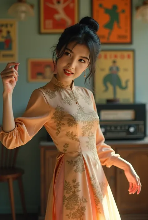 / I Glenn Luchowicz photography style ， The background is a wall covered with posters ， In the center of the picture is an elegant Asian woman wearing a cheongsam， Standing in front of a 70s stereo radio ，dancing，Eyes are gentle and smiling，The overall col...