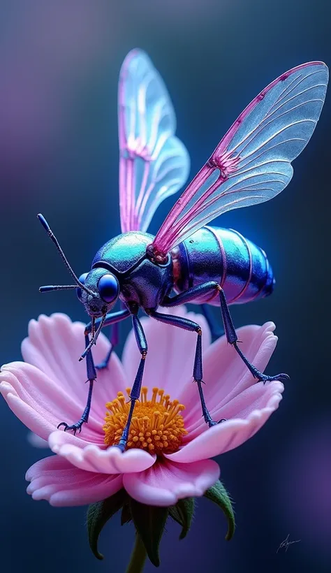  hyperrealistic insect-cobalt-crystal oil painting
An exotic insect with an exoskeleton similar to cobalt crystals.  Its wings reflect lights in shades of purple and blue , creating a mesmerizing effect as it flies .  It is perched on an alien flower that ...