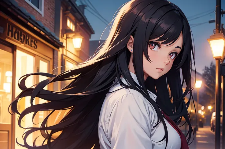 Girl with long black hair looking at a dark night school outside of vampires in profile