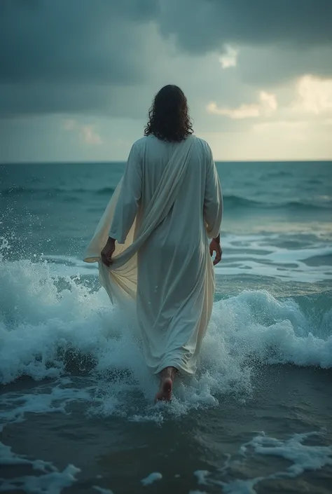 anJesus, looking ahead against the dark sea of angry waves, is slowly walking on the water in a kind way. His feet are on the water. The water thunders every time he steps on it. Jesus is looking forward. Hyperrealistic. Professional Video Shooting

anJesu...