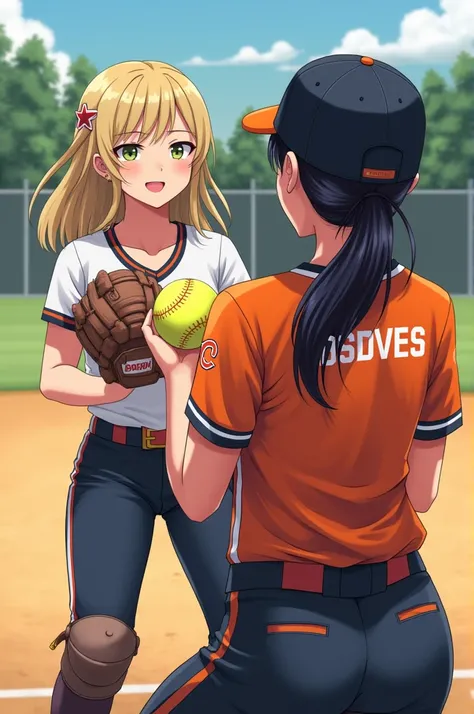  womens softball pitcher and catcher with blonde and black hair , with a yellow softball in her hands ,  with an orange shirt that says COJEDES on his chest and a black cap with a C