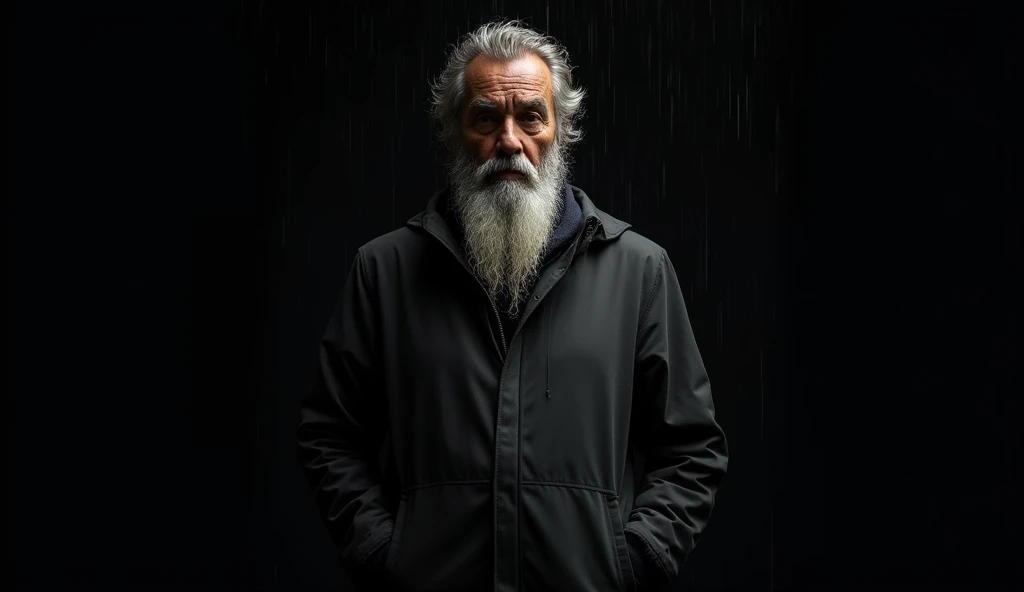 standing,  the man has his hands in his pockets ,  slightly tilted forward , Close to the camera with a distant and reflective expression.  His gray beard and hair appear impeccably detailed ,  wet by the rain that trickles down his face . The soft light c...