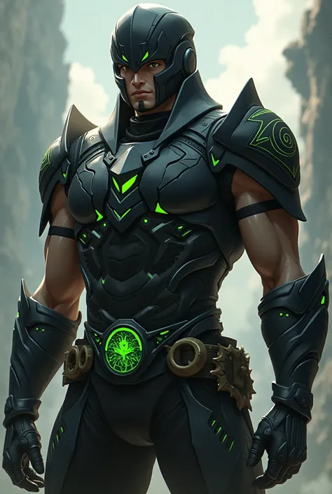 Convince the character Eren from the anime Atak of Titan with knights of the zodiac style armor in black with fluorescent green details 