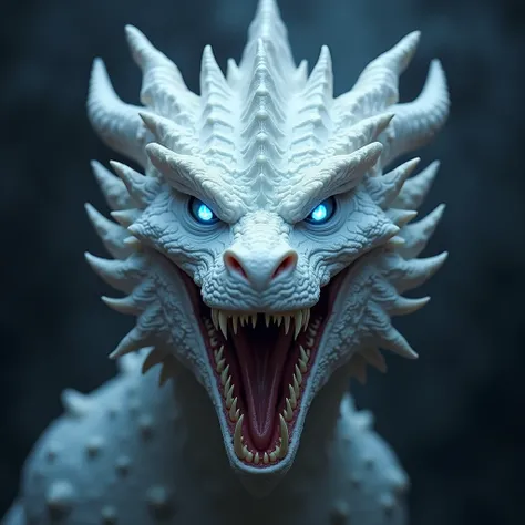 "A close-up of a fierce white dragons face, its sharp fangs bared in a menacing snarl. The dragon’s icy blue eyes glow intensely, radiating power and aggression. Its scales shimmer with a pearly white sheen, and sharp, jagged horns curve back from its head...