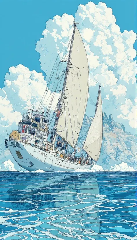 1 sailboat, sea, Wave,  VISUAL IMPACT ,  blue sky and white clouds ,  EXQUISITE CONFIGURATION ,   GRAPHIC ILLUSTRATION 