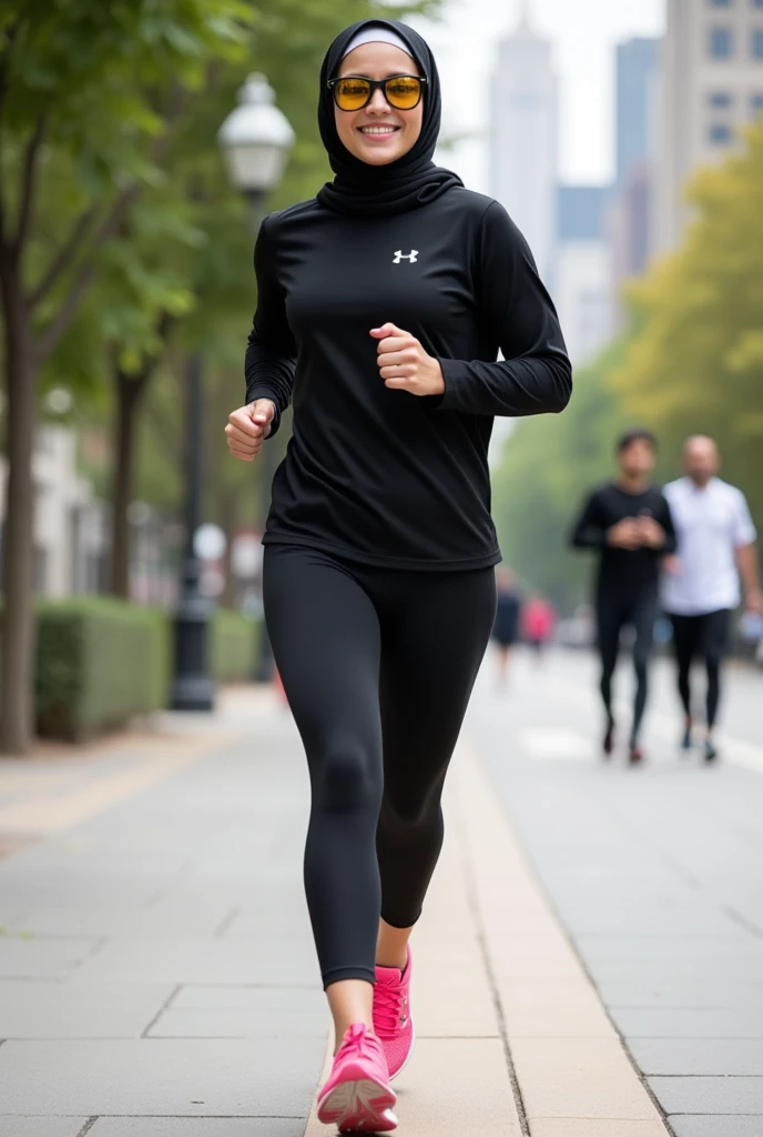 Full shot of a woman wearing workout attire. 


The woman is standing on a paved sidewalk, and appears to be outdoors. Shes wearing a black, long-sleeved top, likely a performance-style athletic shirt, and black leggings, presumably from a brand like Under...