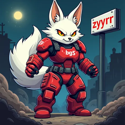 2D cartoon image of a white nine-tailed fox, brutal beasts, red combat suit, waist written BG5 against the battlefield background. At night there is a sign that says Zyyrr.