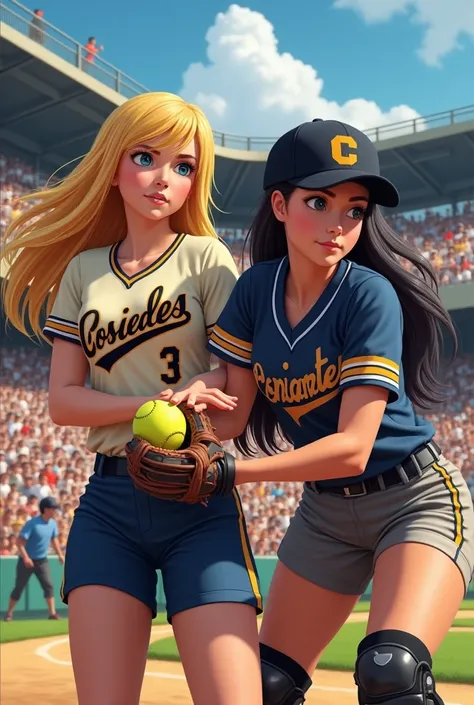  womens softball pitcher and catcher with blonde and black hair , with a yellow softball in her hands ,  with an orange shirt that says COJEDES on his chest and a black cap with a C, in a stadium full of fans with real faces.