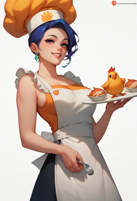 "2d Logo of a cheerful genie chef wearing a hat and apron, holding a plate of chicken in one hand and a towel in the other, with vibrant colors and a clean white background."

