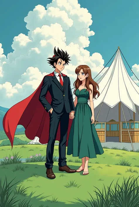  A young Jewish Saiyan with brown hair without a beard wearing an all-black suit,  black dress shirt with red tie and a black kippah , wearing a red cape and his bride ,  a girl with long brown hair and a green dress ,  at their wedding on a green outdoor ...