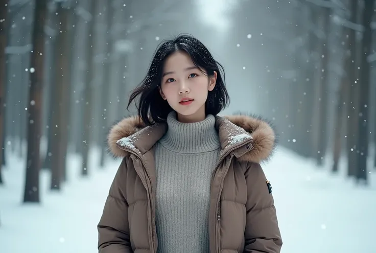 Beautiful Korean woman in her 50s wearing a luxury sweater and down jacket in a winter forest.  casual pants with bangs back  .  Realistic beauty in her 50s wearing a down jacket  .  A realistic beautiful Korean woman in her 50s wearing a down jacket .  Sn...