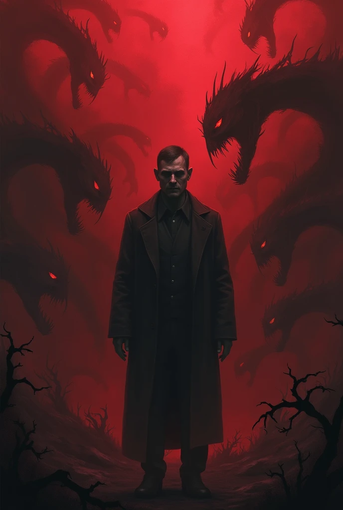  Drawing of a man surrounded by demons. sombre, Dark ,  and shades of red 