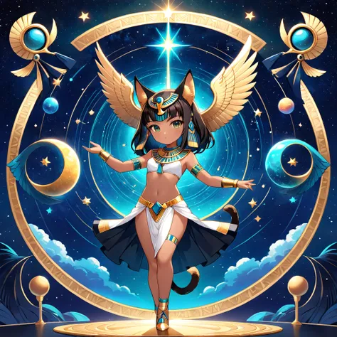 masterpiece, best quality, 8k resolution, ultra-detailed, vibrant colors, cute chibi Bastet girl dancing gracefully, tan skin, dark brown bob hair, cat ears, slender cat tail, sparkling gold eyes, white-gold Egyptian outfit. Background: ancient Egyptian my...