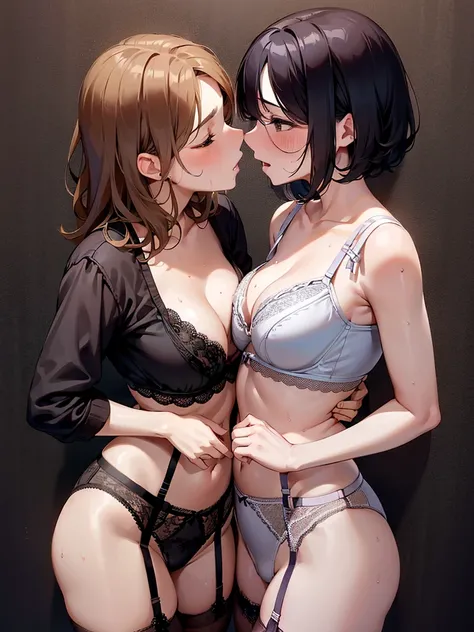 2girls:1.9, two lesbian girls kissing, yuri, yuri kiss, intertwined tongues, exchanging drool, shoulders and neck, sweaty, hot embrace, stringy drool, (((((sexy lingerie))))), empty class room, hidden, passionate, face to face, wide s hot, UHD, masterpiece...