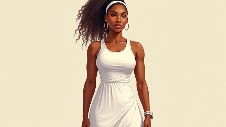 Serena Williams wearing plain frock, full body, cartoon style