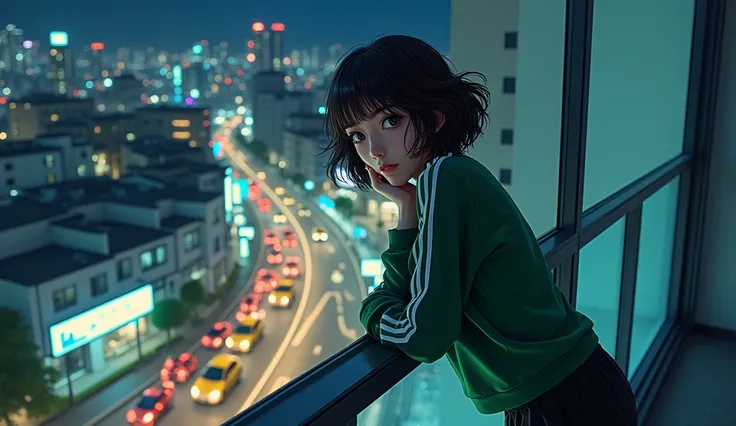 A beautiful Japanese girl in a green Adidas tracksuit, loose black pants and short wavy hair is leaning on a balcony railing and looking from above. Below the balcony there are cars and motorbikes. Top and front view at night, 2d anime style