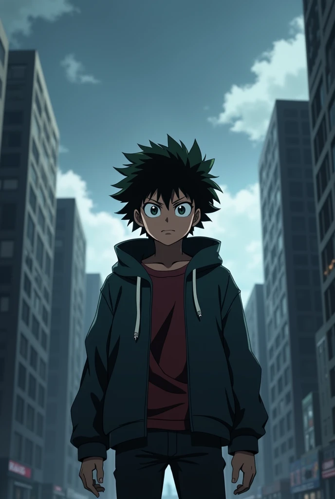 Screenshot in the style of the anime Boku no Hero Academia .  Of a dark-skinned boy with wavy black hair with black eyes 