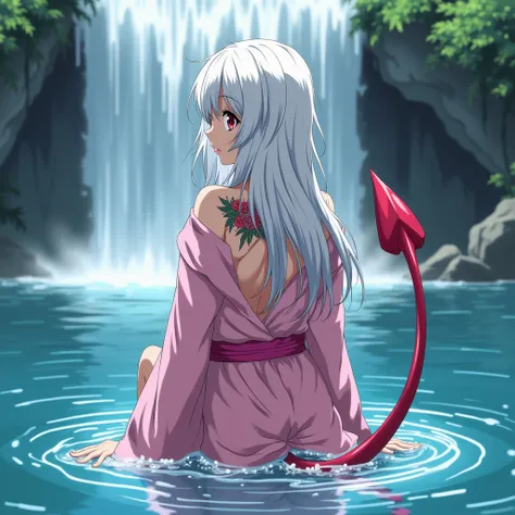  17-Year-Old Anime Girl Boku No Hero Academia Long White Hair, Ojos rojos, cold look, beautiful and attractive,  dressed in a pink robe showing her tattoo showing her tattoo of a heart half angel and demon on her back being in a lake near a waterfall bathi...