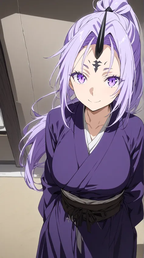  top quality, masterpiece,  high definition ,  source_Anime, Zion, black 角,  hair intakes, 1 horn on the forehead ,  long hair, They, They girl, They horn, They 角,  ponytail, (  purple eyes :1.1), Purple Hair,  single horn,indoor, Bend your waist, smile,, ...